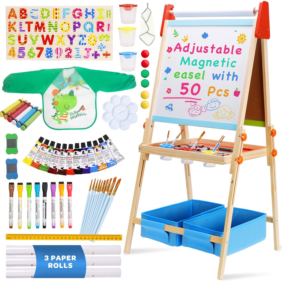 Bpmfkid 3-in-1 Adjustable Kids Art Drawing Easel Set Side Magnetic Whiteboard & Chalkboard with Painting Paper Roll - Versatile Art Station Gift for Toddlers Kids Ages 3+