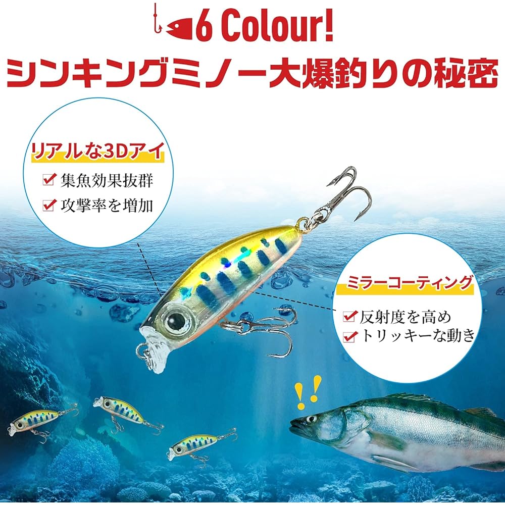Sinking Minnow Lure Minnow Set Fishing Lure Trout Mountain Stream Baku Fishing Heavy Sinking Fishing Tackle Set Yamame Char Rainbow Trout [42mm 3.1g Set of 6 with case]