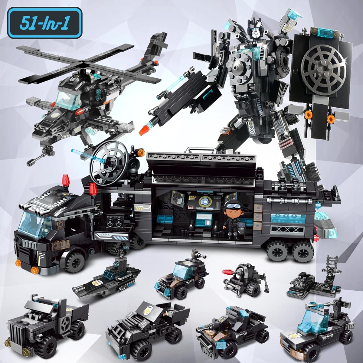 PinkBee City Police Station Cars Building Blocks Set 51 in 1 Mobile Command Center Truck Toy Policeman Helicopter Robot Role Play STEM Construction Gift for Kids Boys Girls Age 6-12,8-12 (813 Pieces)