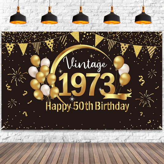 50th Birthday Party Banner Vintage 1973 Party Decoration Awesome 50th Birthday Party Photography Supplies Backdrop/Black Gold Fabric 50th Birthday Party Favors Unisex