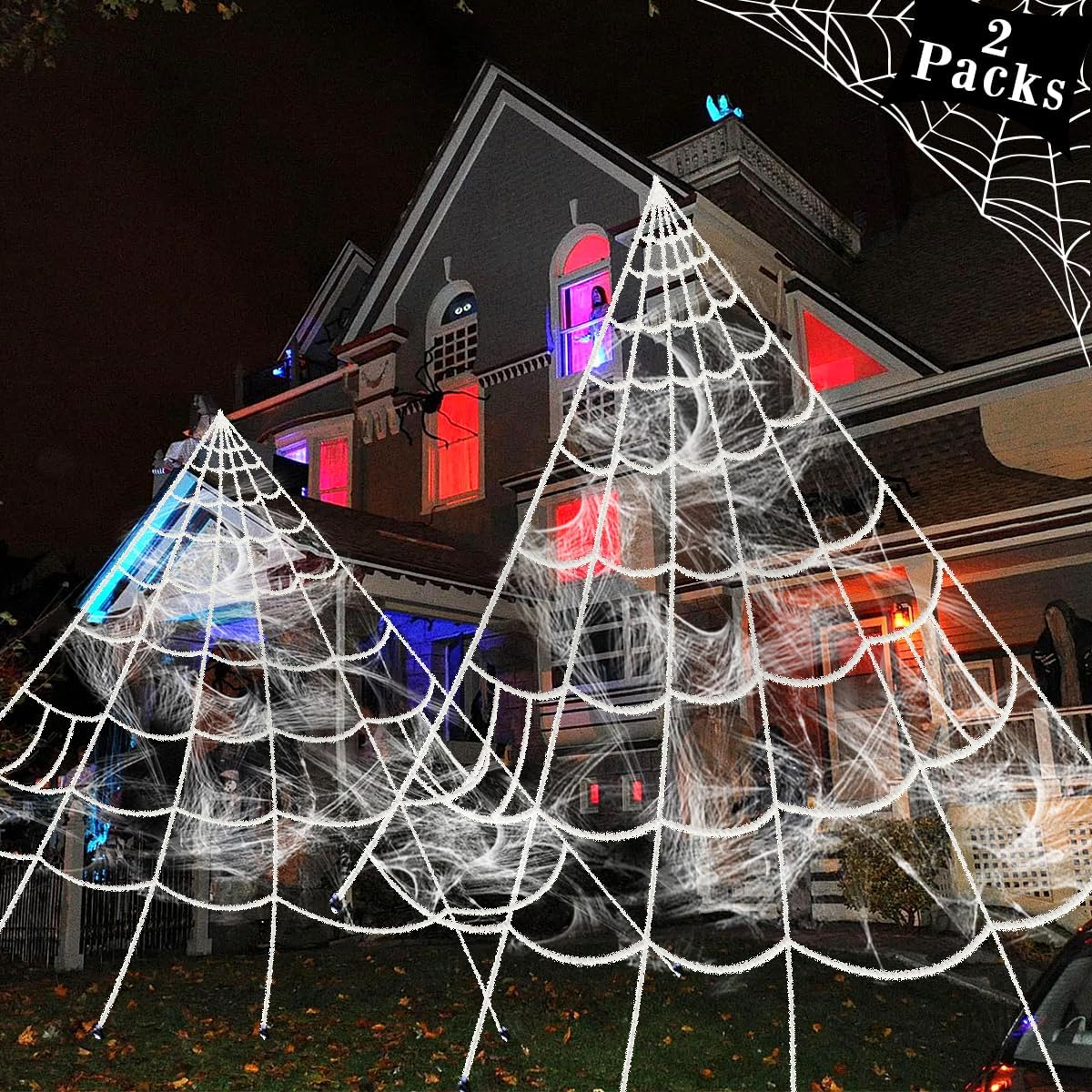 Pawliss Halloween Decorations 16ft 2 Pack Giant Dense Spider Web Super Stretch Cob Web Set for Halloween Outdoor Yard Decor, White