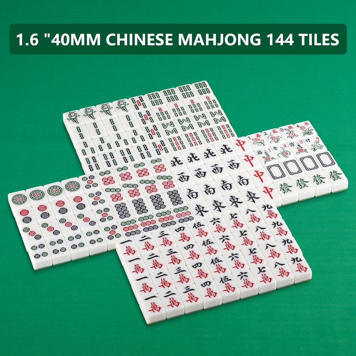 Chinese Mahjong Game Set 1.6" Large Size 144 Numbered Melamine Tiles/English Instructions Included Mahjong Set (Mahjong, Mahjong, Mahjong) (Green, 40mm)