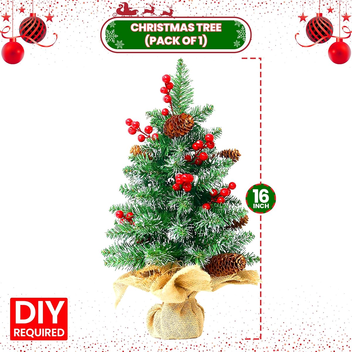 Pine Cone Mini Christmas Tree - 16 Inch | Tabletop Christmas Tree Decorations Holly Cone | Christmas Tree for Table | Small Artificial Christmas Tree Desktop Christmas Table Decorations