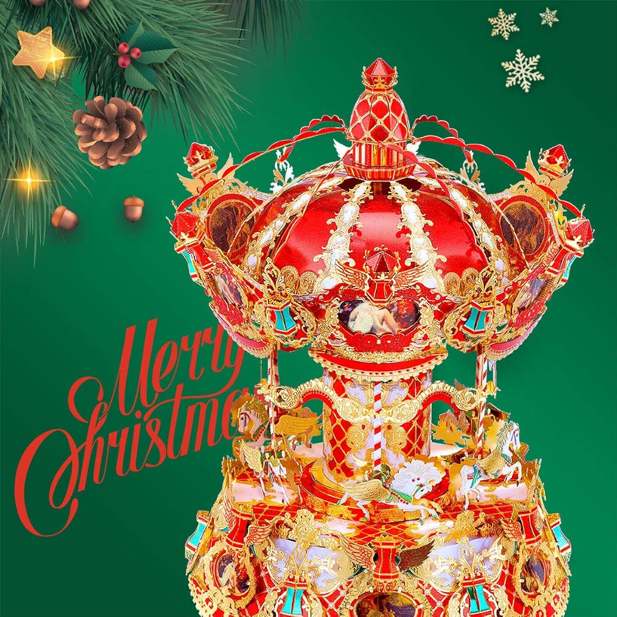 Piececool 3D Puzzle for Adults Metal Carousel Model Kits 360 Degree Rotating Music Box Merry-Go-Round Model Assembly Kit DIY Craft Kit Mechanical 3D Puzzle Great Birthday Gift 22 Pieces