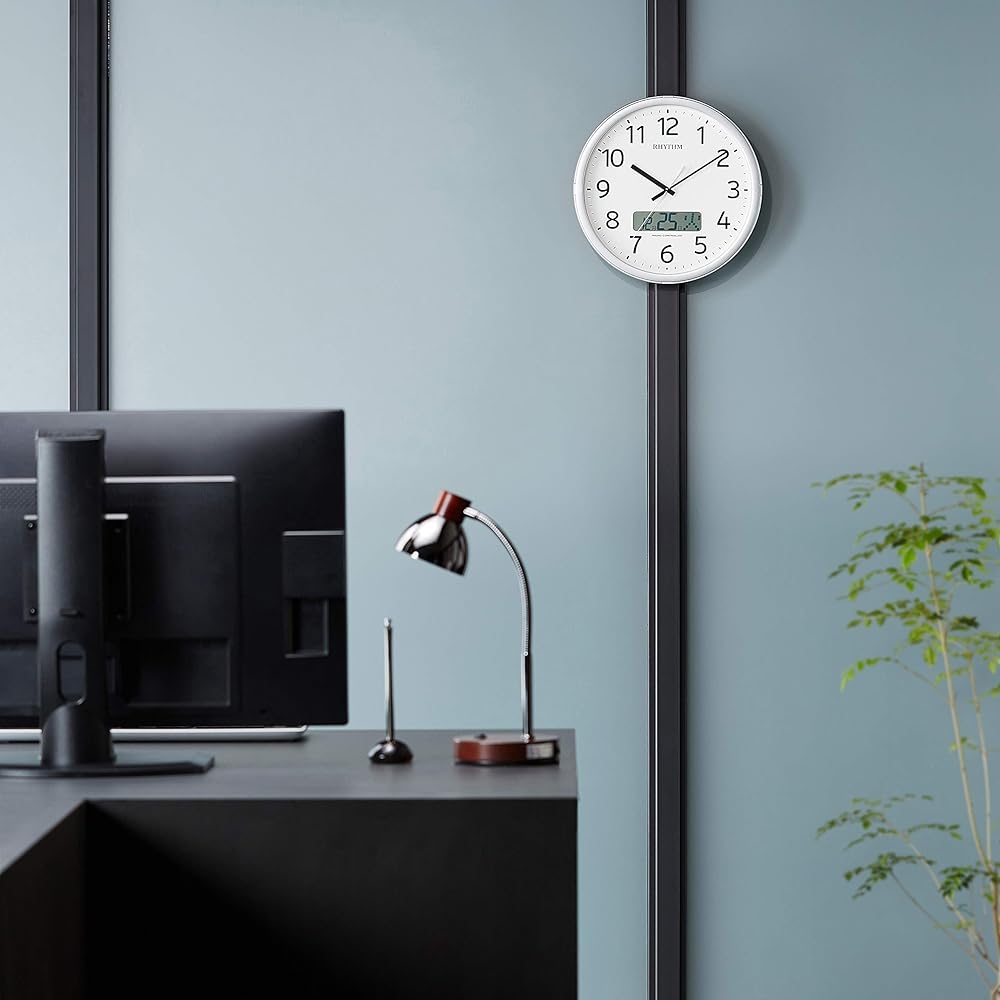 RHYTHM Wall Clock Radio Controlled Clock Office 24 Times Chime Function Time Signal Function Calendar Silver Φ35 x 5.5cm Office Supplies Factory Office Program Calendar 01SR 4FNA01SR19