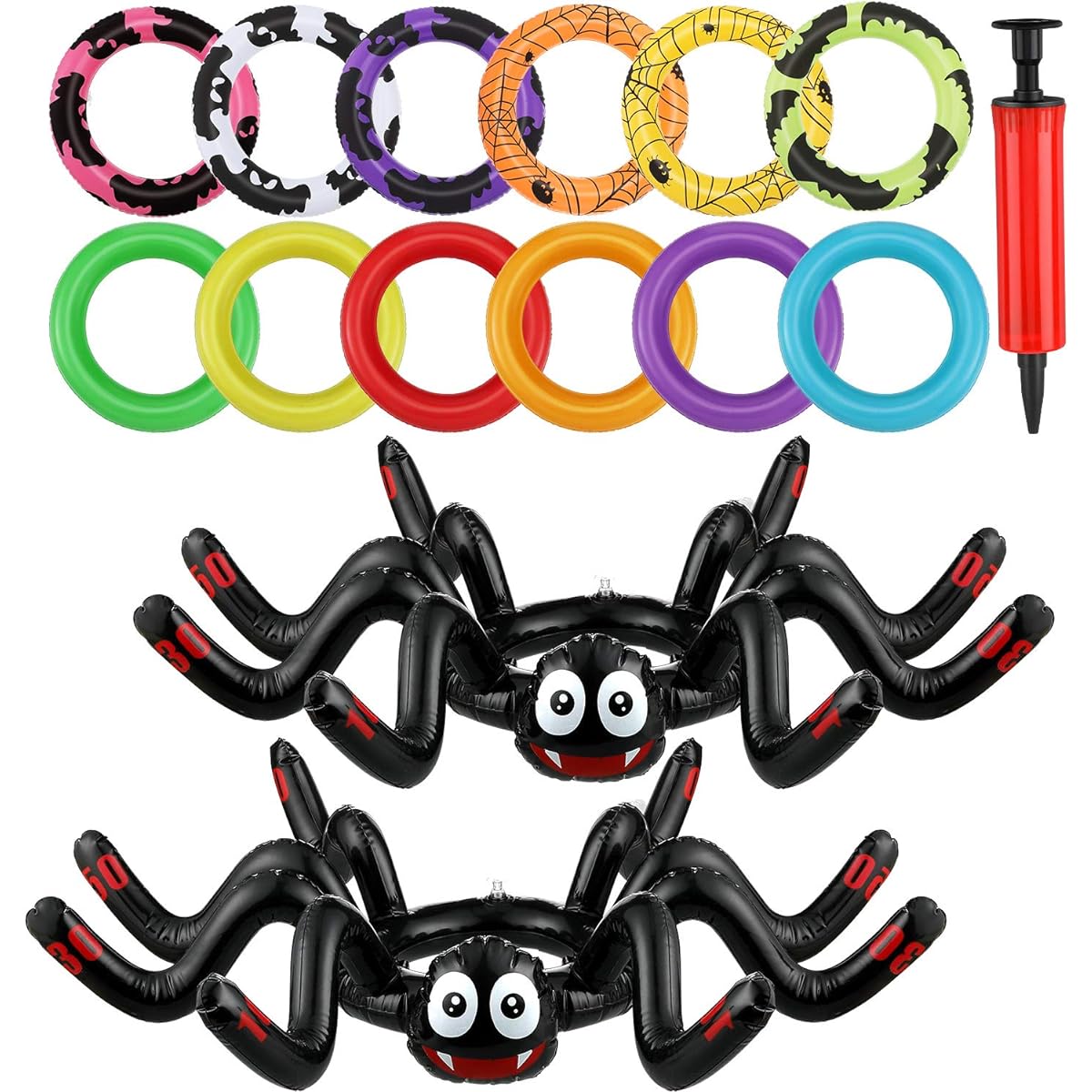 Halloween Inflatable Spider Ring Toss Game Set Halloween Party Inflatable Spider Colorful Rings Pump (Spider Hat Pattern Pure Color Ring)