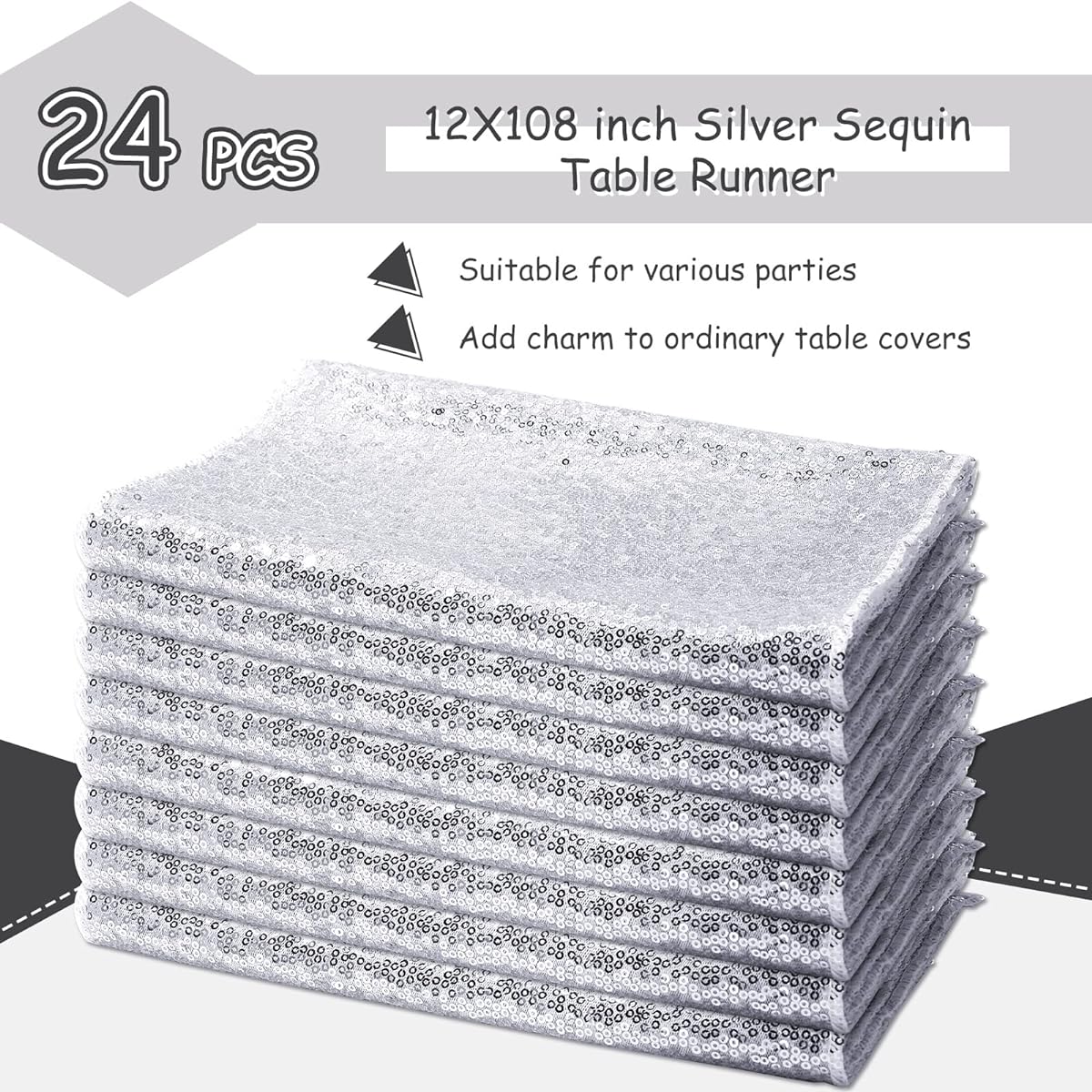 24 Sequin Table Runners, Bulk Sequin Tablecloths Table Decorations for Parties, Rectangular Table Covers for Birthday Wedding Engagement Supplies Holiday Celebrations, 12 x 108 Inch (Silver)