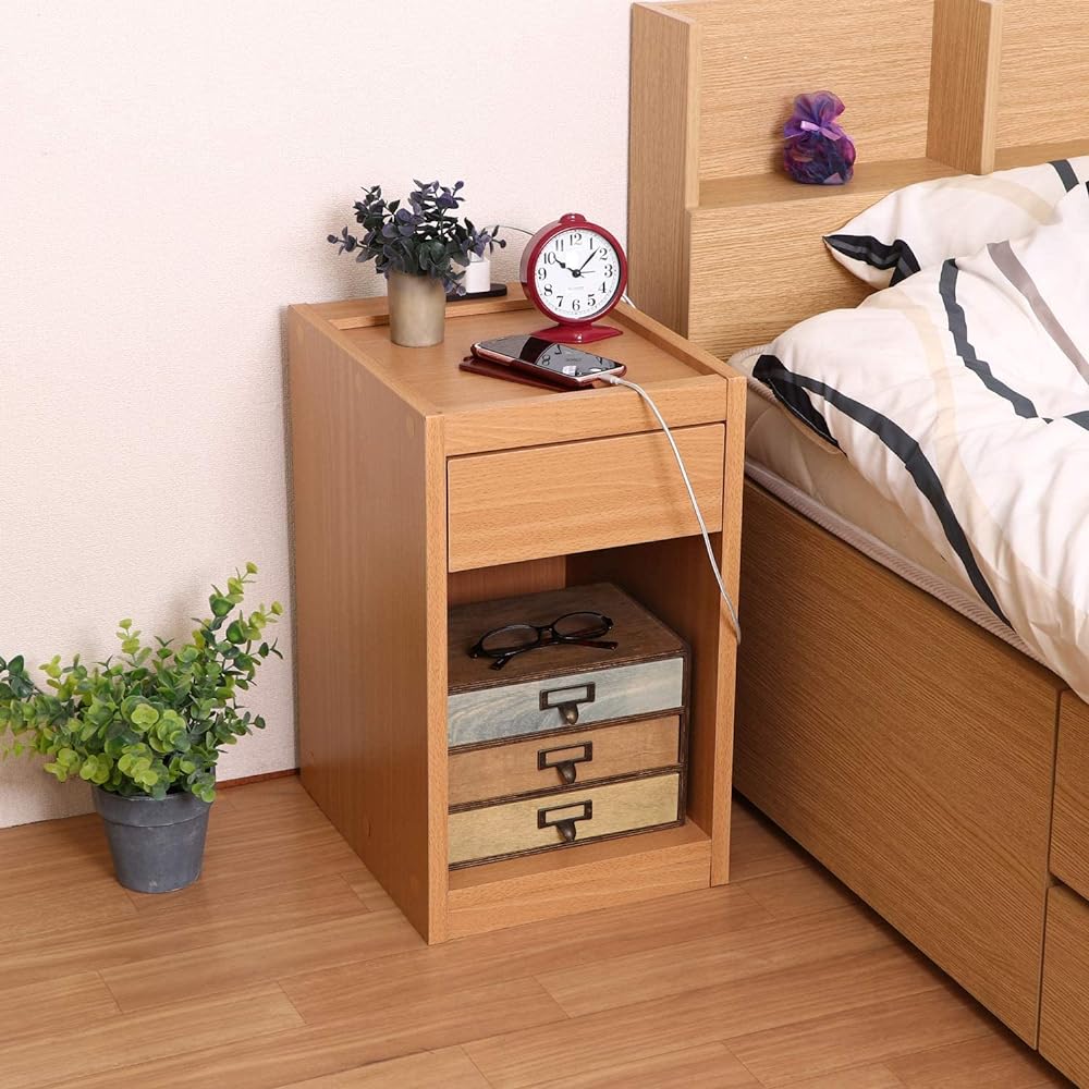 Fuji Boeki Side Table Bed Table Width 30 x Depth 36 x Height 50cm Natural Drawer Storage Shelf Compatible with A4 Size Compact with 2 Outlets 99325