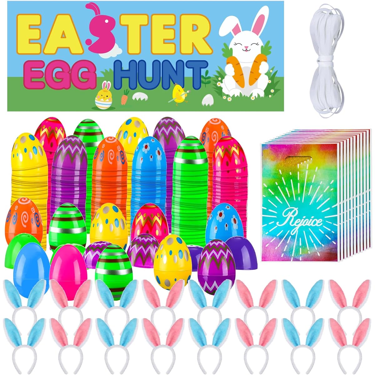 Simgoing 289pcs Religious Easter Egg Hunt Set with Plastic Fillable Eggs and Joy Gift Bags, Easter Bunny Ears, Headband, Egg Hunt Fabric Backdrop Banner with Rope, Easter Party Favors Decorations