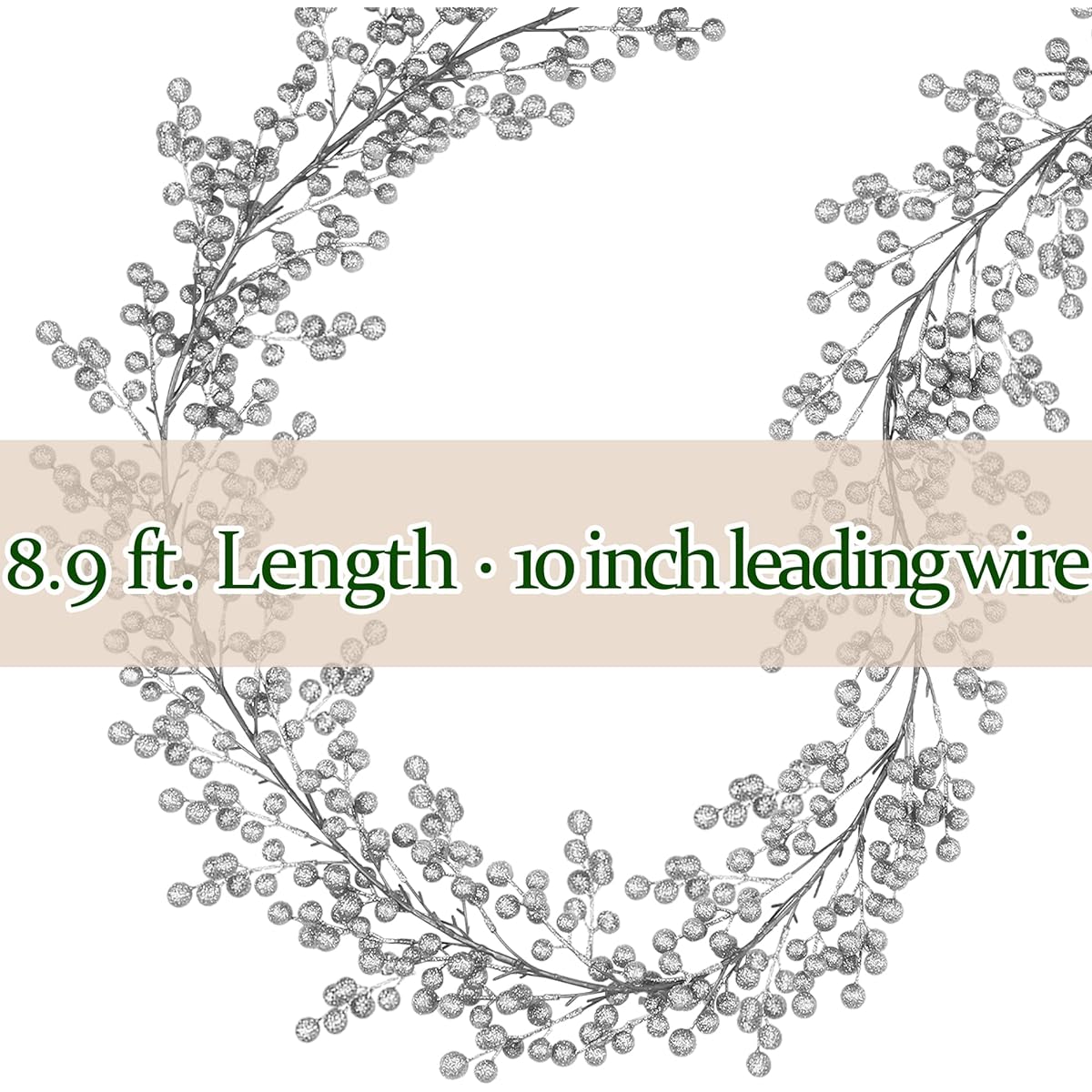 Lulu Home Silver Berry Garland, 9 ft. Sparkly Flexible Artificial Christmas Holly Vines Winter Berry Garland for Mantle, Christmas Tree, Window, Door Hanging, Indoor, Outdoor Holiday Decorations