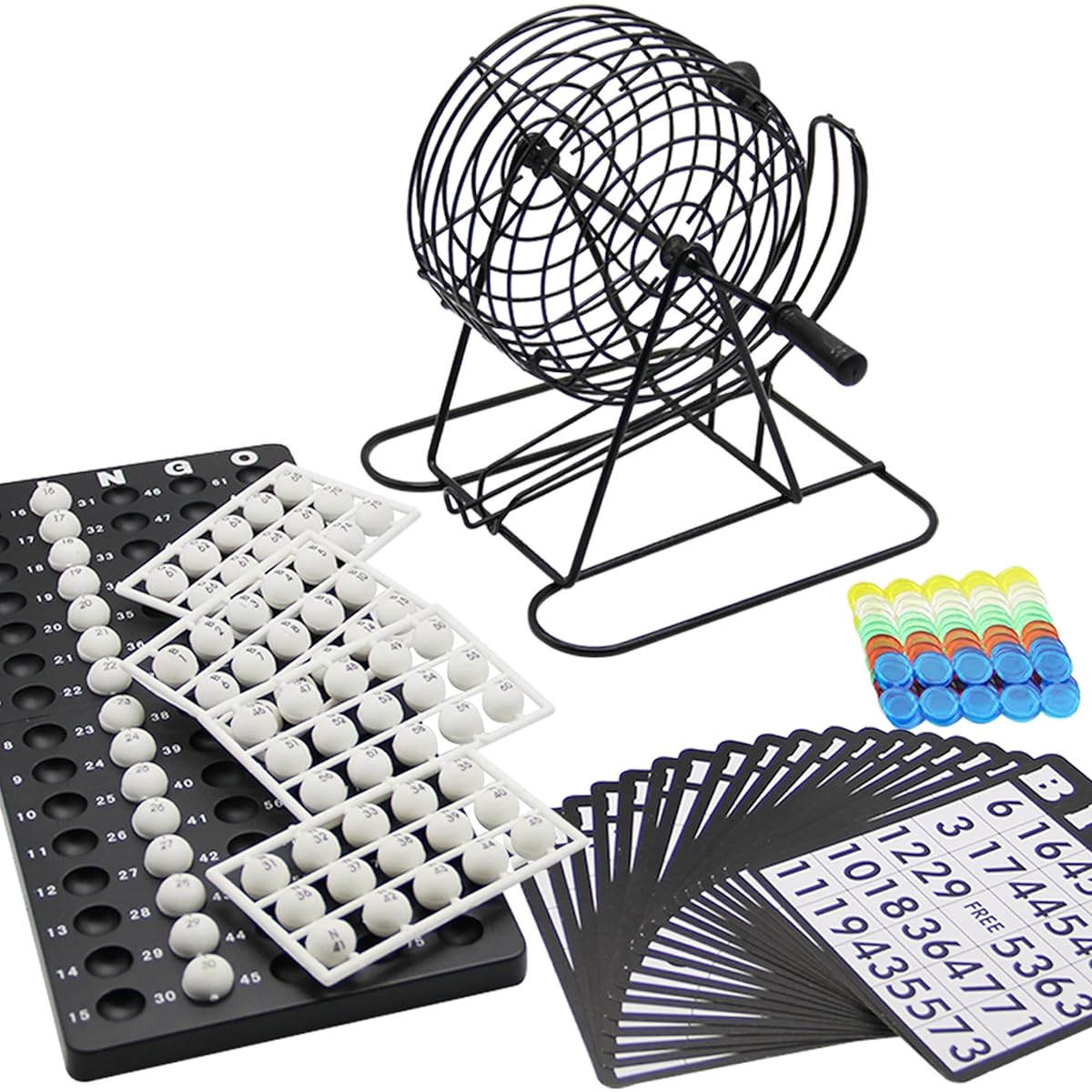 Lulu Home Bingo Game Set, 8" Metal Bingo Cage, 3/5" White Balls, Bingo Chips, Bingo Board, 18 Bingo Cards