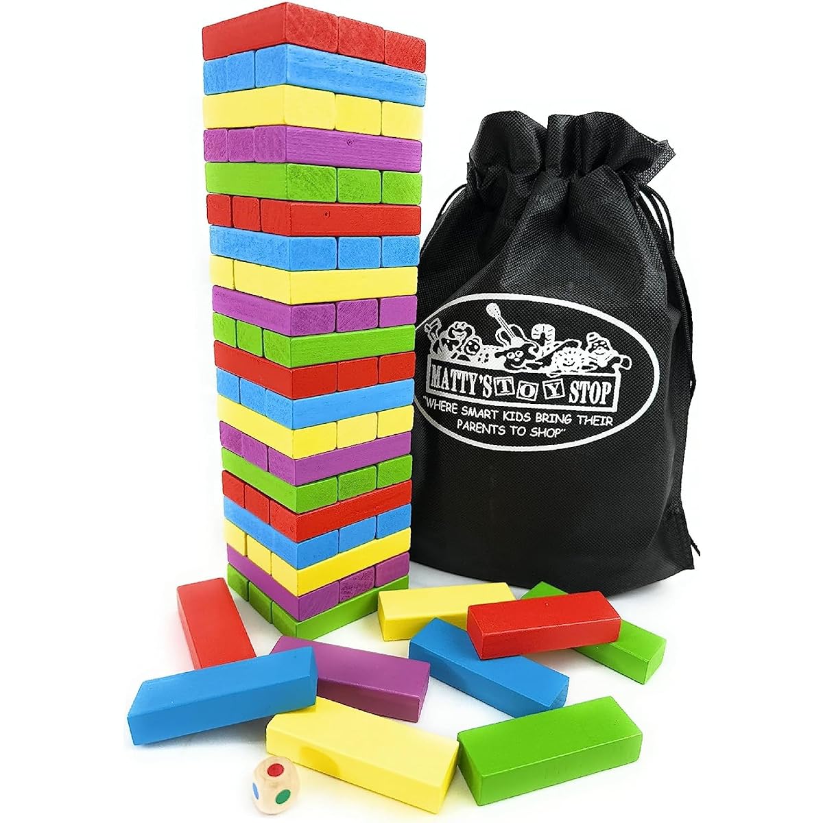[Matty's Toy Stop] Matty's MixUp 60pc Large Colorful Wooden Tumbling Tower Deluxe Stacking Game with Storage Bag [Parallel Import]