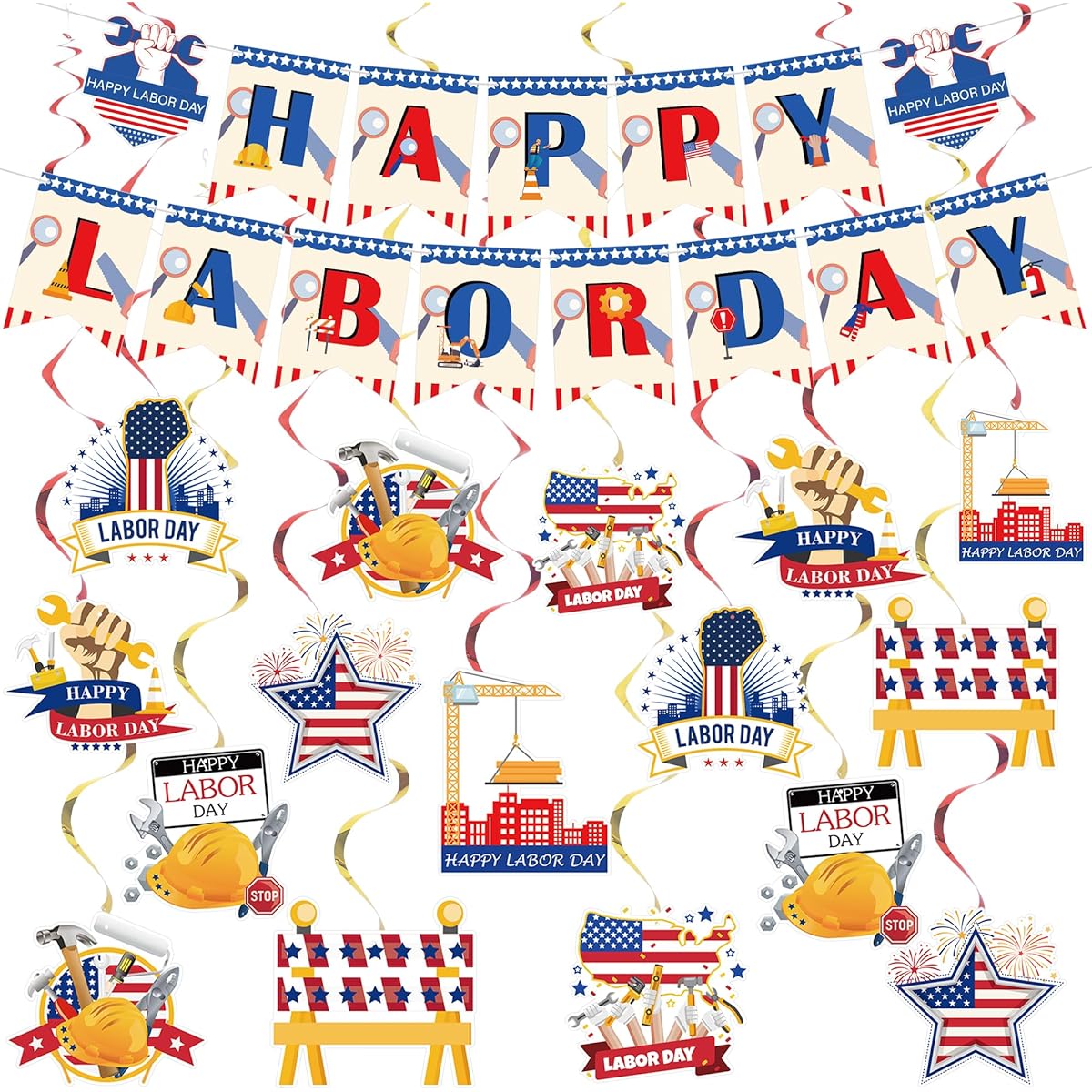Labor Day Party Decorations with Happy Labor Day Banner and Hanging Swirls Labor Day Party Supplies