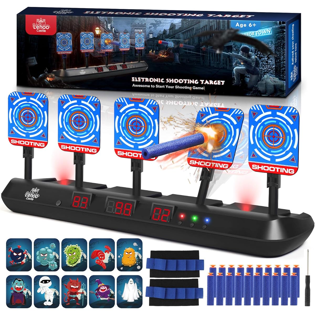 Lehoo Castle 5 Targets Digital Electronic Shooting Target for Nerf Guns with 3 Game Modes Electronic Kids Nerf Shooting Target for Boys and Girls Halloween Shooting Game