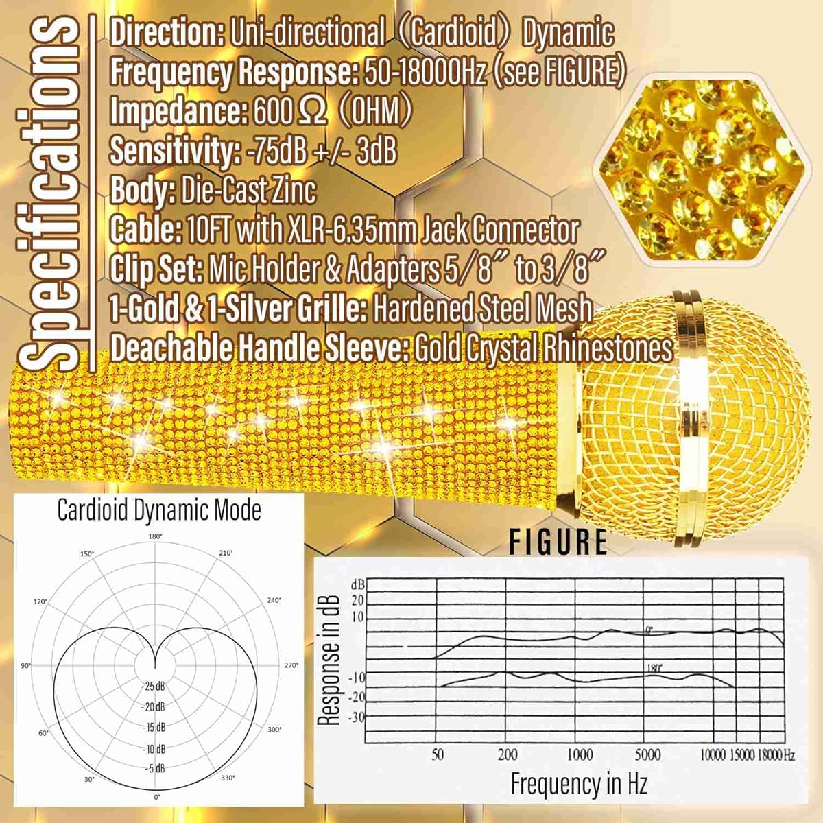 RhymKawa RS58 Gold Bling Cardioid Dynamic Vocal Wired Microphone Singing Karaoke Microphone Metal Handheld with Bling Crystal Cover