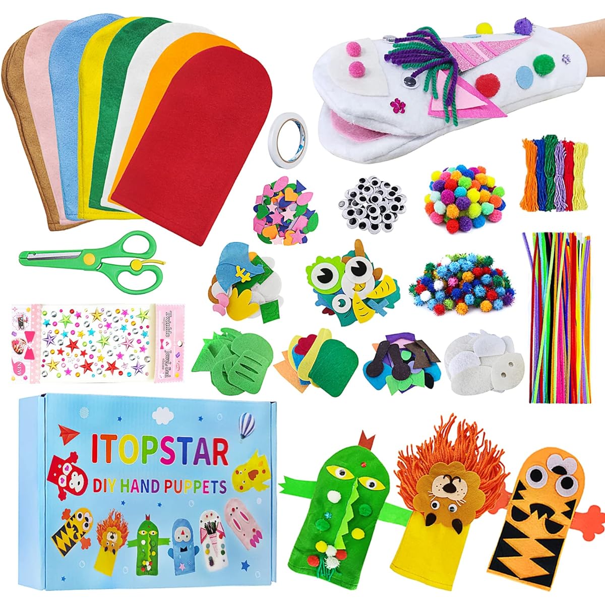 Itopstar Felt Hand Puppet Making Kit for Kids Art Craft Felt Sock Puppet Creative DIY Personal Puppet Storytelling Role Play Party Supplies for Toddlers