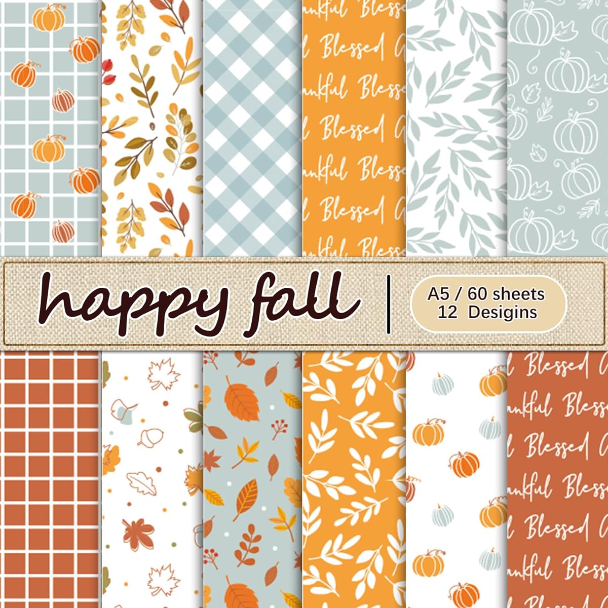 Whaline Autumn Pattern Paper Autumn Leaves Pumpkin Plaid Wave Craft Paper Orange Blue Origami Double Sided A5 Paper Holiday Thanksgiving Harvest DIY Card Scrapbook Photo Album Decoration 60 Sheets