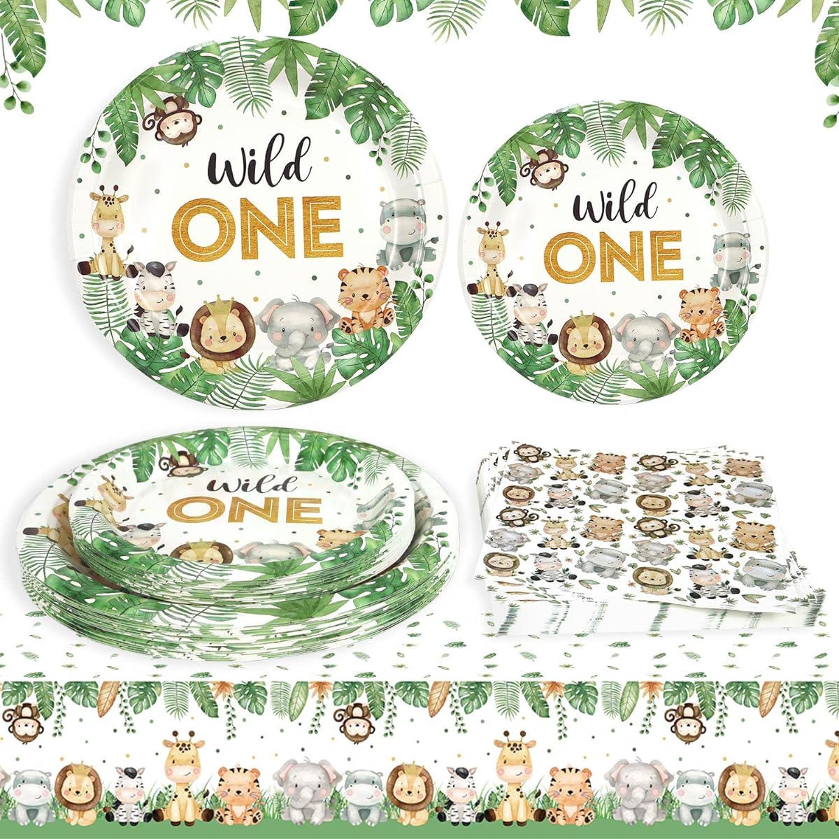 Heboland Wild One Birthday Decoration Plate Set for 25 Guests, Safari Jungle Theme Plates Cups Napkins Straws Set for Boys First Party Supplies (76 Pieces)