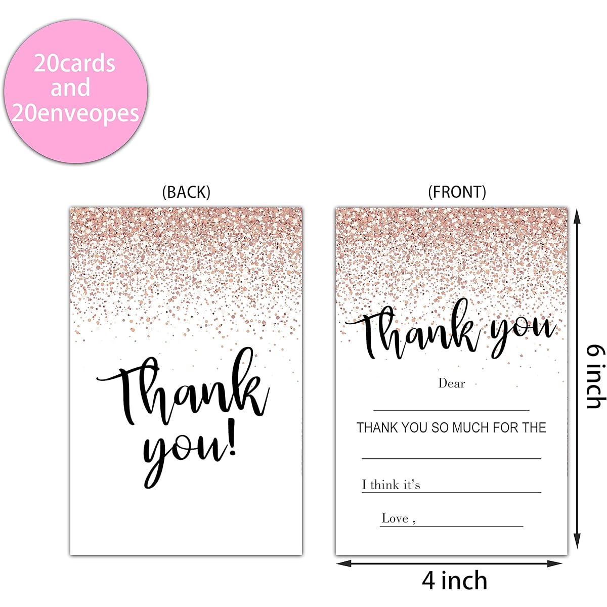 Pink Glitter Birthday Party Thank You Cards for Kids, Thank You Notes for Girls and Boys, Party Decorations for Kids and Teens Supplies with Envelopes, 22 Count (A03)