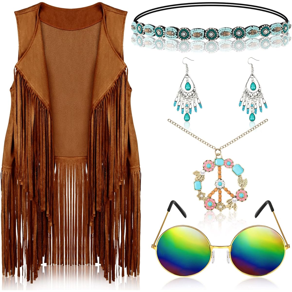 6 Piece 60s 70s Hippie Costume Accessories Set, Fringe Hippie Vest, Faux Suede Tassel Vest, Sunglasses, Necklace, Earrings, Headband, As Pictures Show, Small
