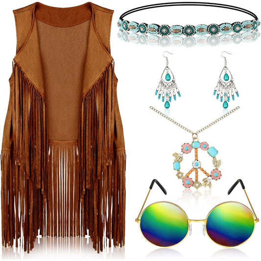 6 Piece 60s 70s Hippie Costume Accessories Set, Fringe Hippie Vest, Faux Suede Tassel Vest, Sunglasses, Necklace, Earrings, Headband, As Pictures Show, Small