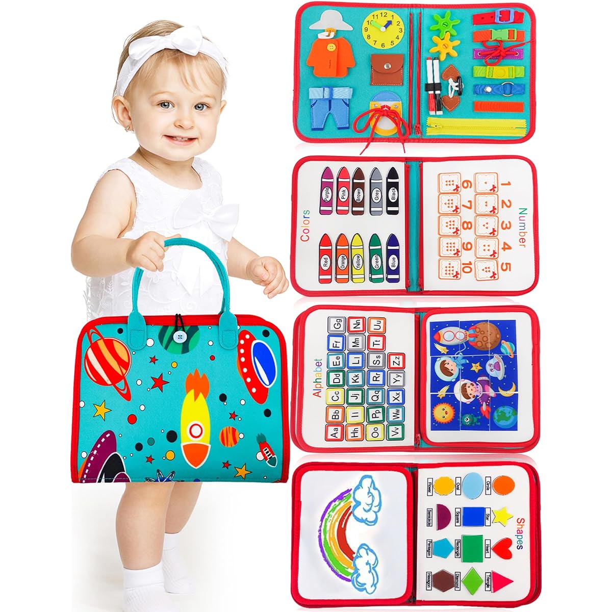 Montessori Busy Book for Toddlers 1-3 Montessori Busy Board with Buckle Educational Activities for Learning Fine Motor Skills Airplane Car Travel Toy Girls Boys Gift