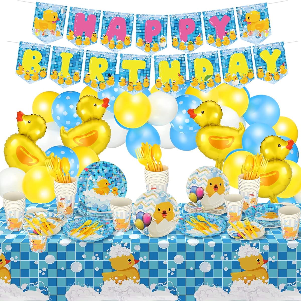 Lallisa 168 Pieces Duck Birthday Decorations, Yellow Duck Balloons, Latex Balloons, Plates, Cups, Disposable Cutlery, Lunch Napkins, Tablecloth, Banner Summer Rubber Duck Party Supplies (Fresh)