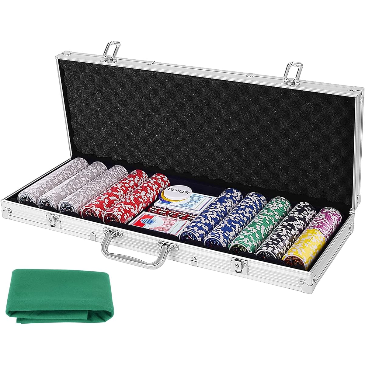 GYMAX Poker Chips, 500 Poker Chips, Casino Chips, Poker Set with Numbers, Playing Cards, Mat, Table Game, Casino Set, Silver