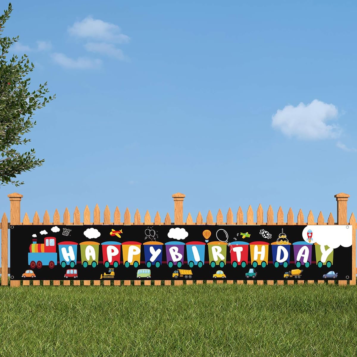 Large Train Happy Birthday Party Banner,Large Steam Train Transport Car Birthday Banner for Kids Teenagers Outside Yard,Train Theme Birthday Party Signs,Baby Shower Festival Party Supplies Outdoor Decorations(10 x 1.5ft)