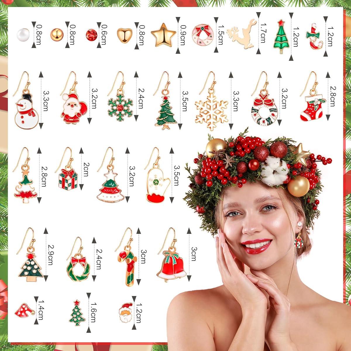 Loetere 210 Pairs Christmas Earrings for Women, Christmas Drop Earrings Set, Holiday Jewelry Earrings, Christmas Tree Snowflake Santa Claus Earrings, Christmas Holiday Party Decoration Supplies, Metal, No Gemstones
