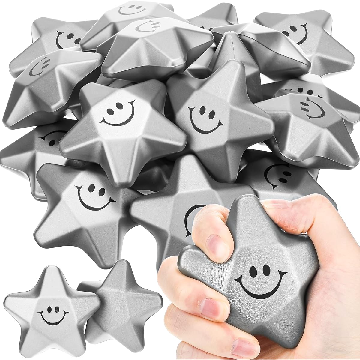 18pcs 3.1" Star Smile Face Stress Balls Star Foam Smile Balls Star Shaped Stress Balls Relief Star Stress Balls Smile Stress Balls School Reward Student Party Bag Fillers (Silver)