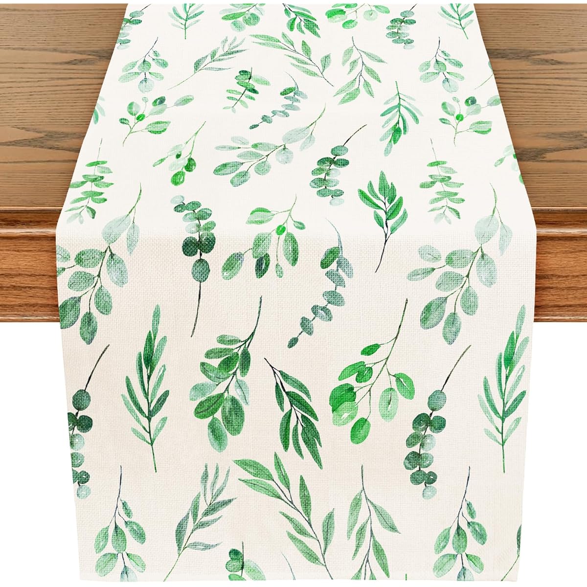 WRAPAHOLIC Eucalyptus Leaf Table Runner - 13 x 72 Inch - Seasonal Spring Summer Farmhouse Burlap Indoor Kitchen Anniversary Wedding Dining Table Decorations for Home Parties