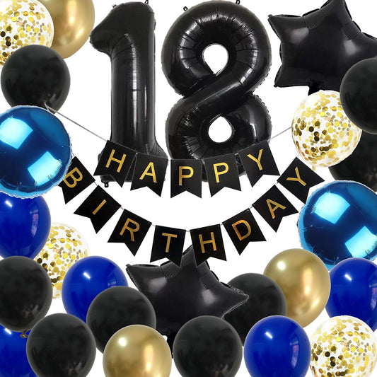 18th Birthday Decorations for Boys - Royal Blue Gold Happy 18 Birthday Balloons Party Supplies for Men with Black Banner (18th Blue)