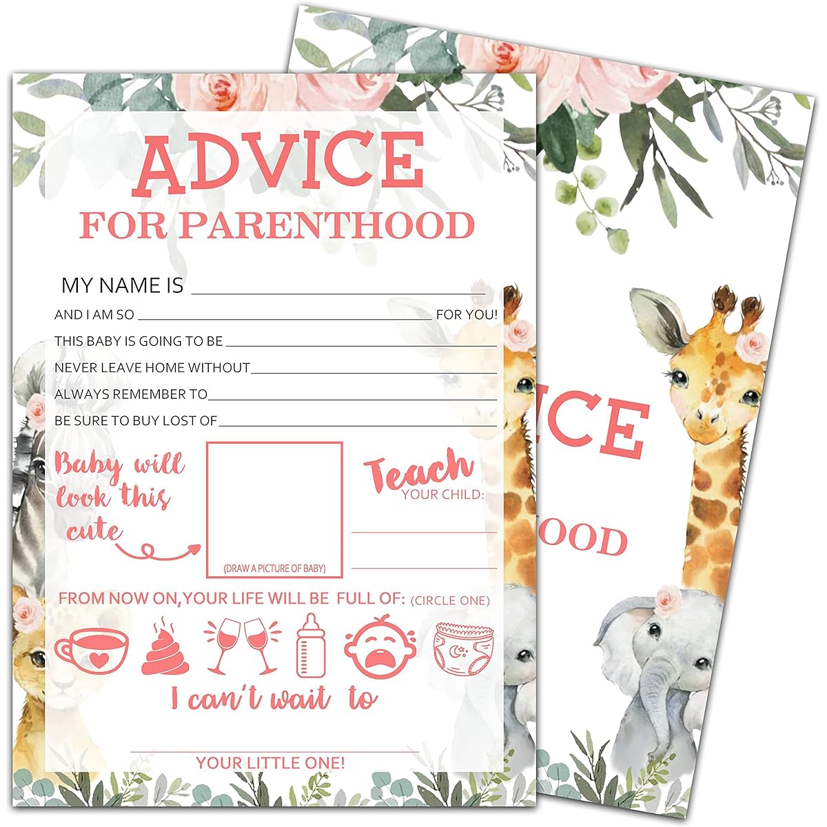 Advice For Parenthood Baby Shower, Jungle Animal Newborn Baby Party Supplies, New Parents Message Advice Book Mommy Daddy to Be Favors Party Favors Supplies Decorations - 30 Game Cards(bb002-yx13)