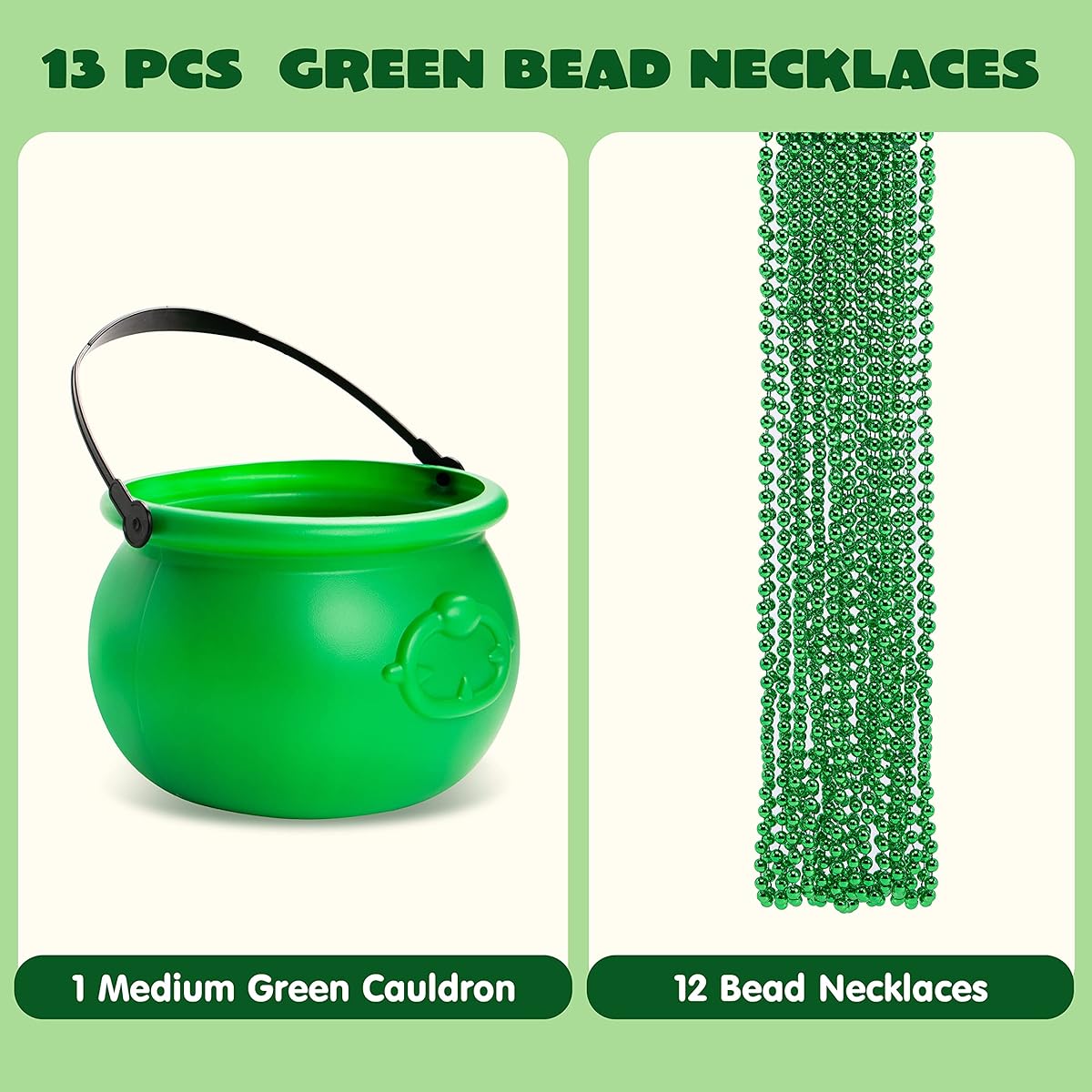 JOYIN St. Patrick 8" Green Cauldron Metallic Bead Necklace Set of 12 Mardi Gras St. Patrick's Day Party Favors Decorations Lucky Leprechaun Pot Plastic Cauldron Pot