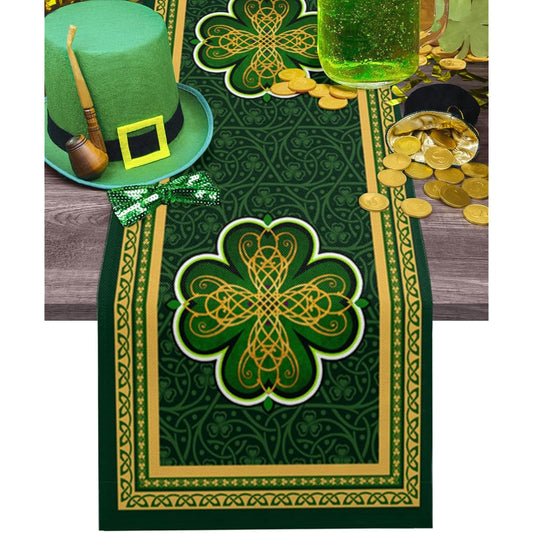 ARTSHOWING St. Patrick's Day Table Runner Decorative Cotton Linen for Holiday Home Decor, Birthday Parties, Family Dinners, 13 x 36 Inch, Golden Artistic Lucky Clover Texture