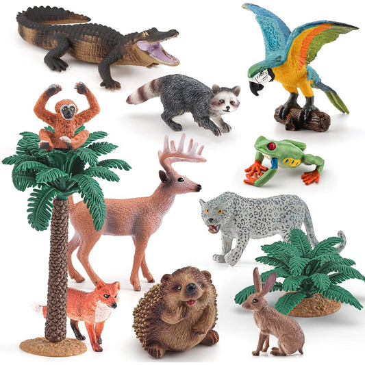 12pcs Forest Animal Figures Realistic Playset Leopard Print Crocodile Toy Fox Figurine Deer Figurine Woodland Animal Figurines Toy Set Cake Topper School Project Diorama Model Toy for Kids