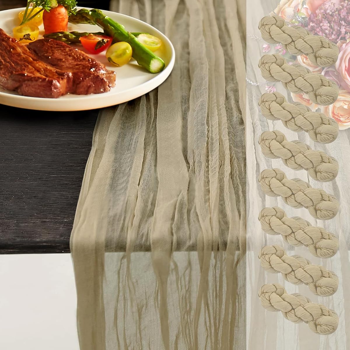NOSTHEART 8 Pcs Beige Table Runner 10Ft Boho Table Runner Gauze Cheese Cloth Table Runner Cheesecloth Table Runner Rustic Sheer Table Runner for Party Wedding Bridal Baby Shower Birthday Boho Decor
