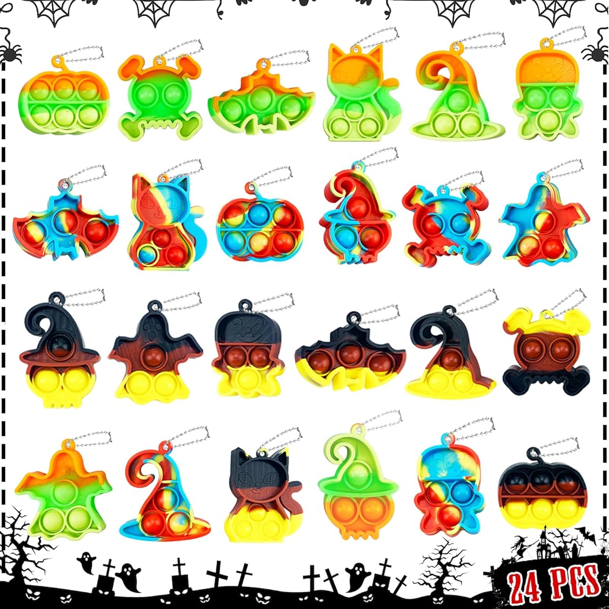 24pcs Halloween Mini Pops Halloween Party Favors Fidget Toys for Kids Pop Keychains Sensory Toys Classroom Favors Halloween Goody Bag Stuffers Trick or Treat Toys