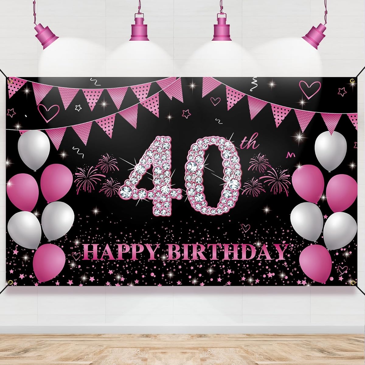 HTDZZI 40th Birthday Decorations Women, Happy 40th Birthday Backdrop Banner, Hot Pink 40th Birthday Photo Booth Props Backdrop, 40th Birthday Party Yard Sign Poster Supplies
