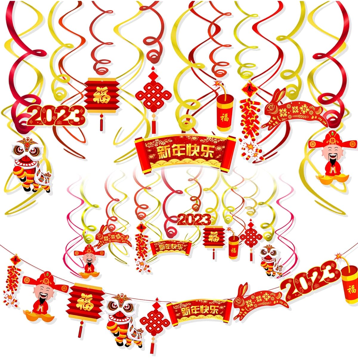 HOWAF 2022 Chinese New Year Hanging Decorations 30 Pieces Red Gold Chinese New Year Hanging Swirl Lion Dance Lantern Firecracker Tiger Banner Set Spring Festival New Year Home Party Decorations