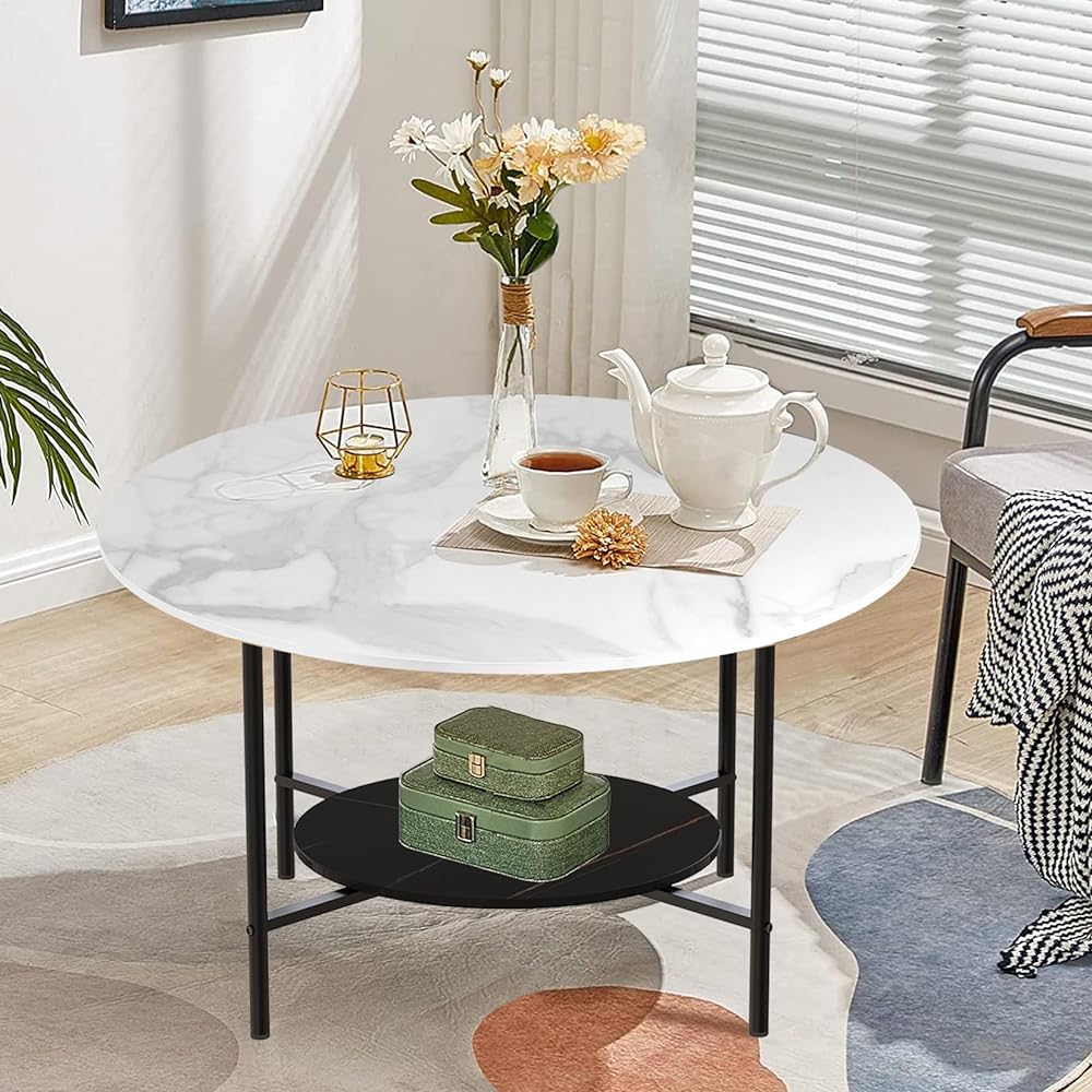 UNHO Center Table Marble Low Table Round Width 80cm Living Table White Stylish Round Table Coffee Table 2 Tiers Modern Scandinavian Interior