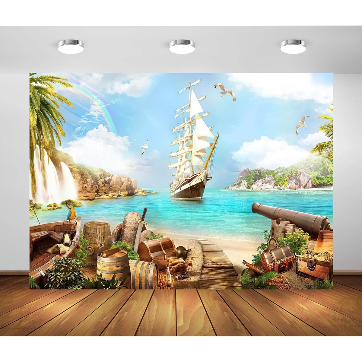BELECO 10x8ft Fabric Beach Island Pirate Theme Backdrop Pirate Ship Treasure Chest Barrel Parrot Sea Sailing Boat Mountain Waterfall Pirate Backdrop Pirate Theme Party Decoration Photo Props