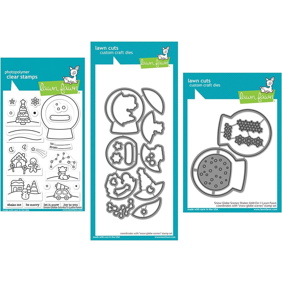 Lawn Fawn Snow Globe Scenes 4 x 6 Clear Stamps Harmony Dies and Harmony Shaker Add-on Dies, 3 Item Bundle (LF2427, LF2428, LF2429)