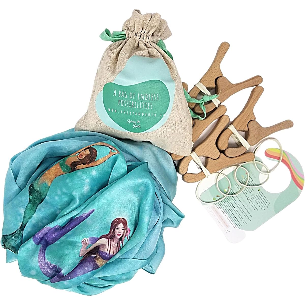 Avery & Ruth Fort Building Kit | 100% Silk 9' x 3' - Mermaid - Giant Play Silk and 4 Play Clips | Montessori Waldorf Sensory Toys for Pretend Play for Kids and Toddlers