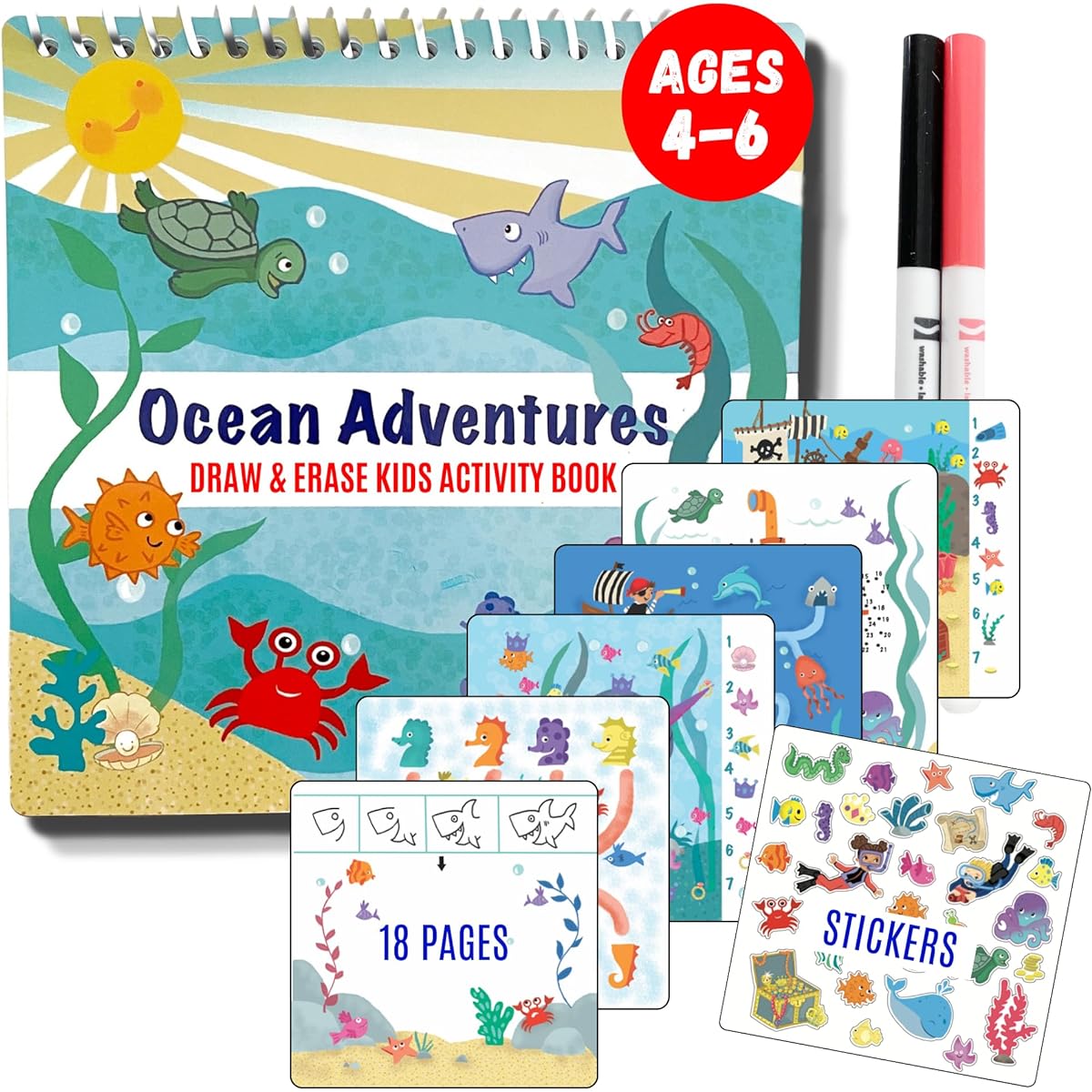 Totebook Kids Travel Dry Erase Activity Kit - Replacement Book Only for Ages 3-8, Includes 2 Washable Markers, 18 Reading Level Activities, and Reusable Stickers (Ocean)