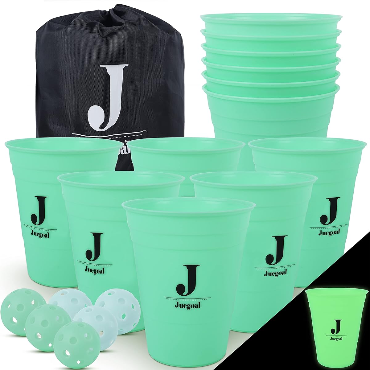 Juegoal Giant Yard Pong Glow in the Dark Outdoor Yard Game Pong Game Set Durable Green Bucket and Ball Giant Cup Pong Toss Game for Beach Camping Lawn Tailgate Backyard