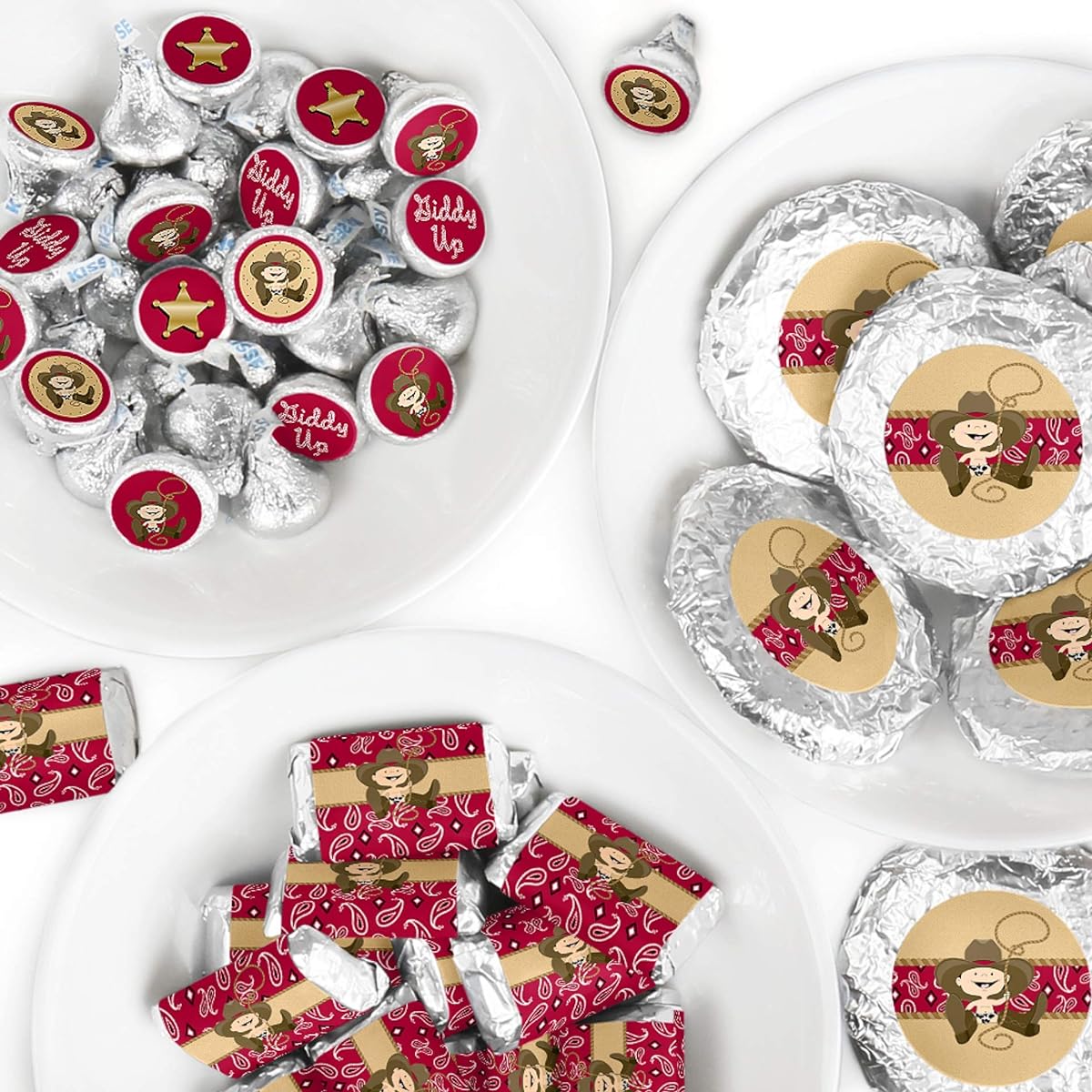 Little Cowboy - Mini Candy Bar Wrappers, Round Candy Stickers and Circle Stickers - Western Baby Shower or Birthday Party Candy Favors Sticker Kit - 304 Pieces
