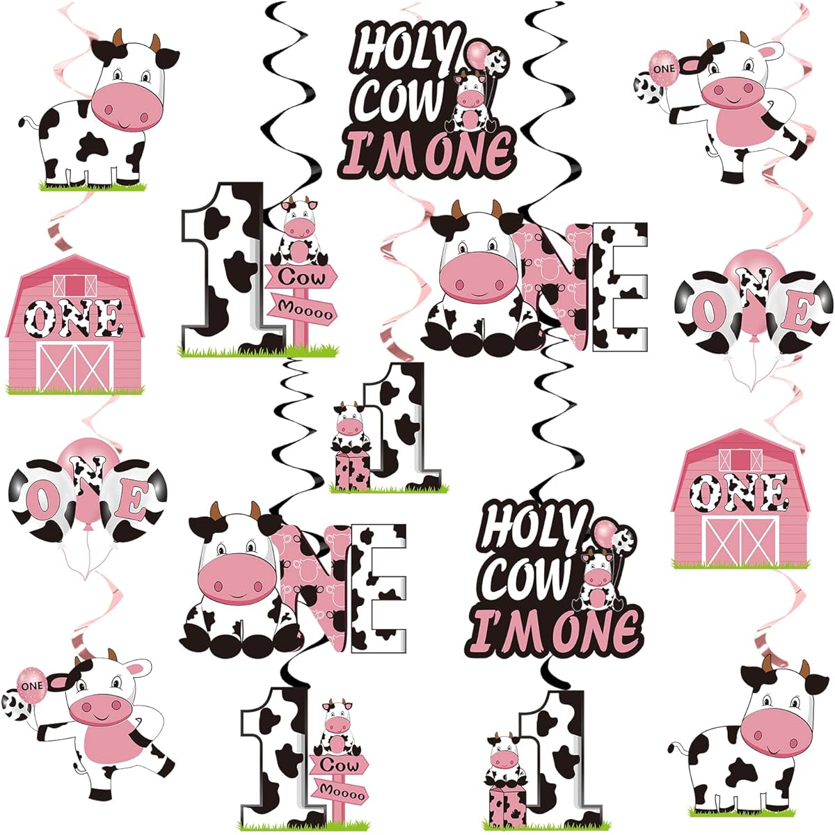 Holy Cow Im One Birthday Decorations Hanging Swirls for Baby Girl Pink Cow First Birthday Foil Swirls Party Supplies Baby 1st Birthday Cow Theme Ceiling Hanging Sign