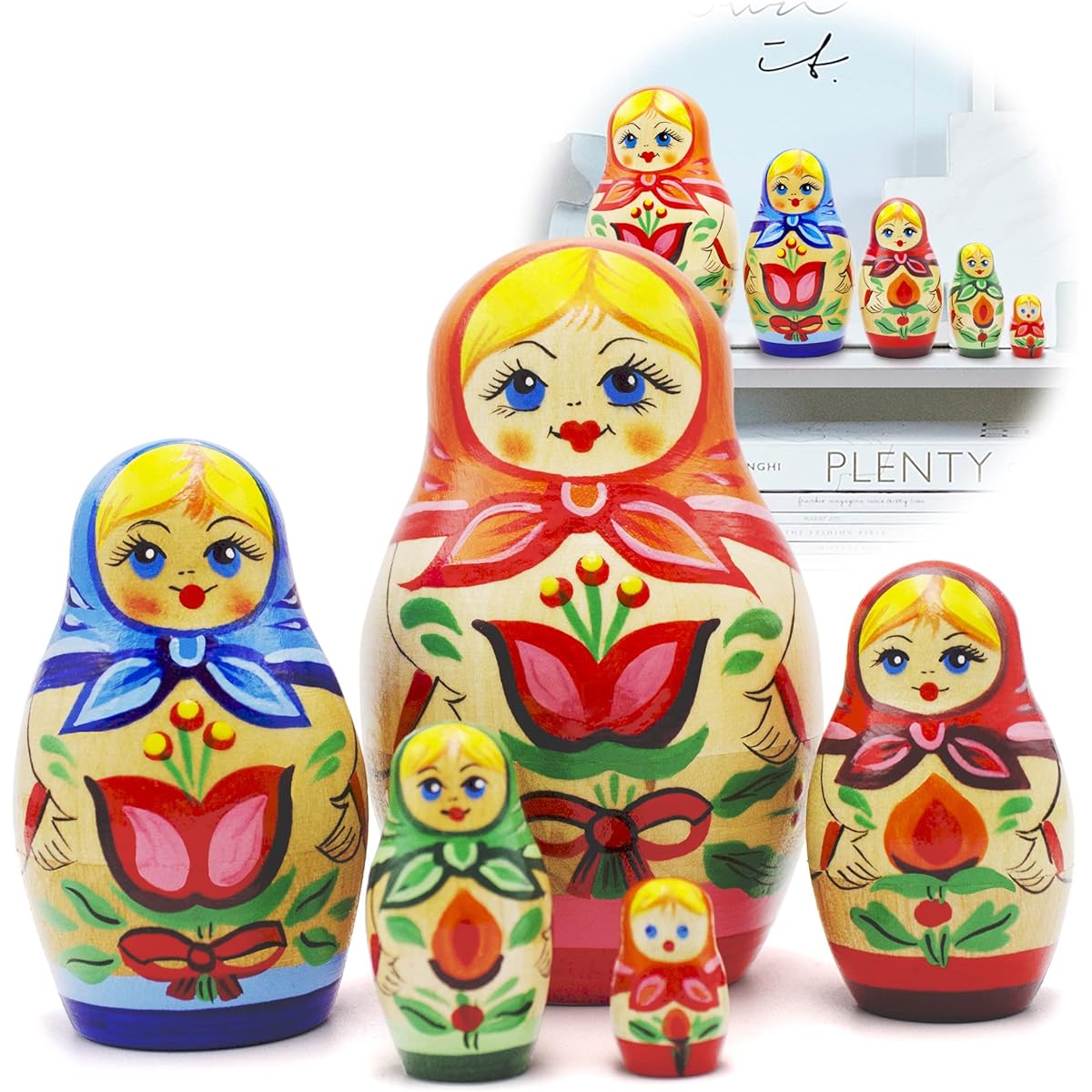 AEVVV Russian Nesting Dolls Set 5 Pieces Handmade Original Hand Painted Traditional Russian Dolls with Flowers in Ethnic Dresses Wooden Matryoshka Nesting Stacking Dolls